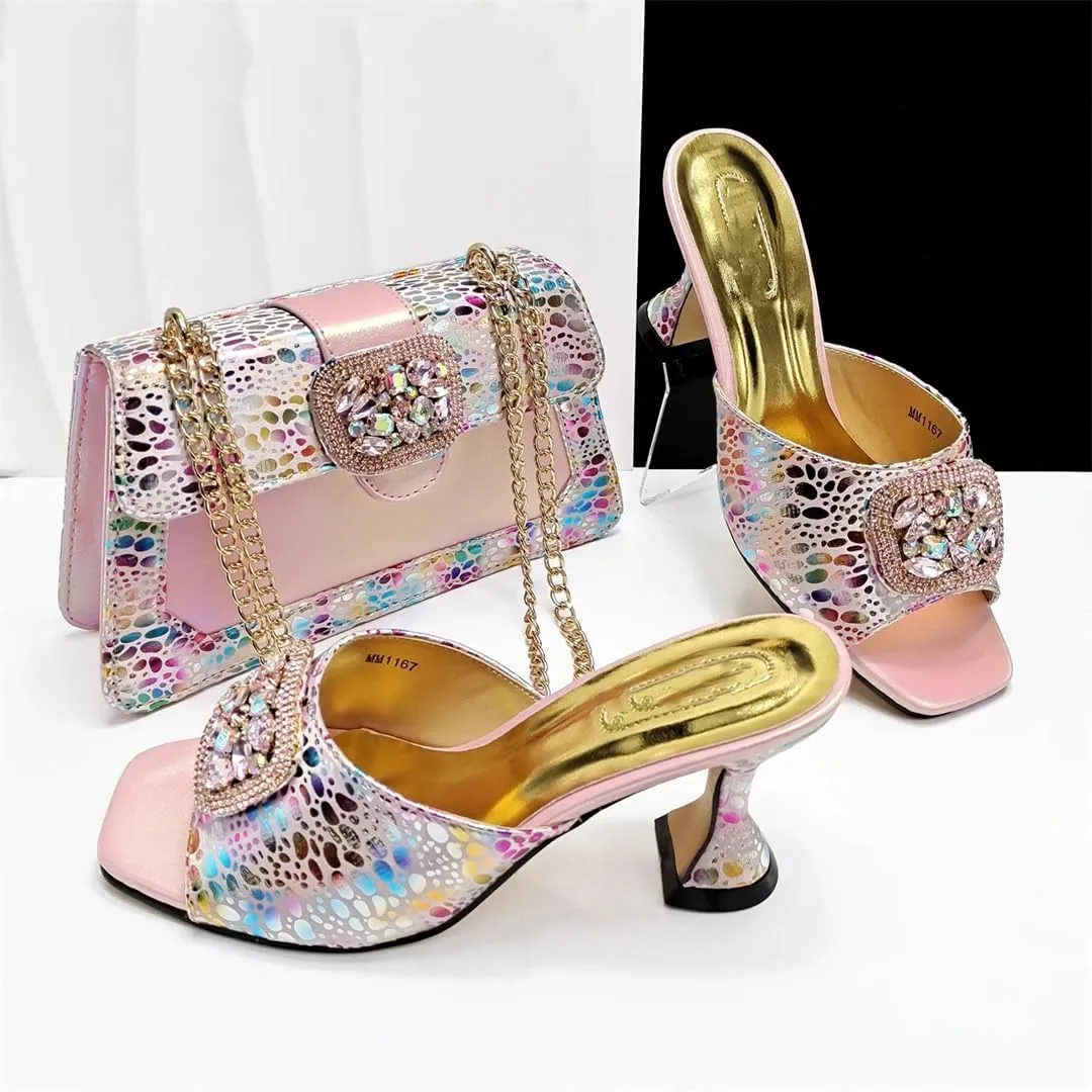 Women’S Pink Elegant High Heels and Bag Set with Peep Toe and Crystal Decoration