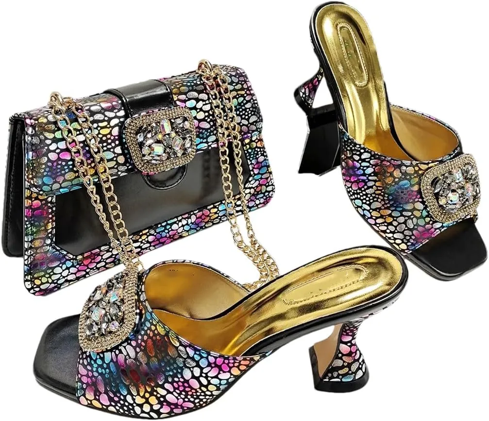 Women’S Pink Elegant High Heels and Bag Set with Peep Toe and Crystal Decoration