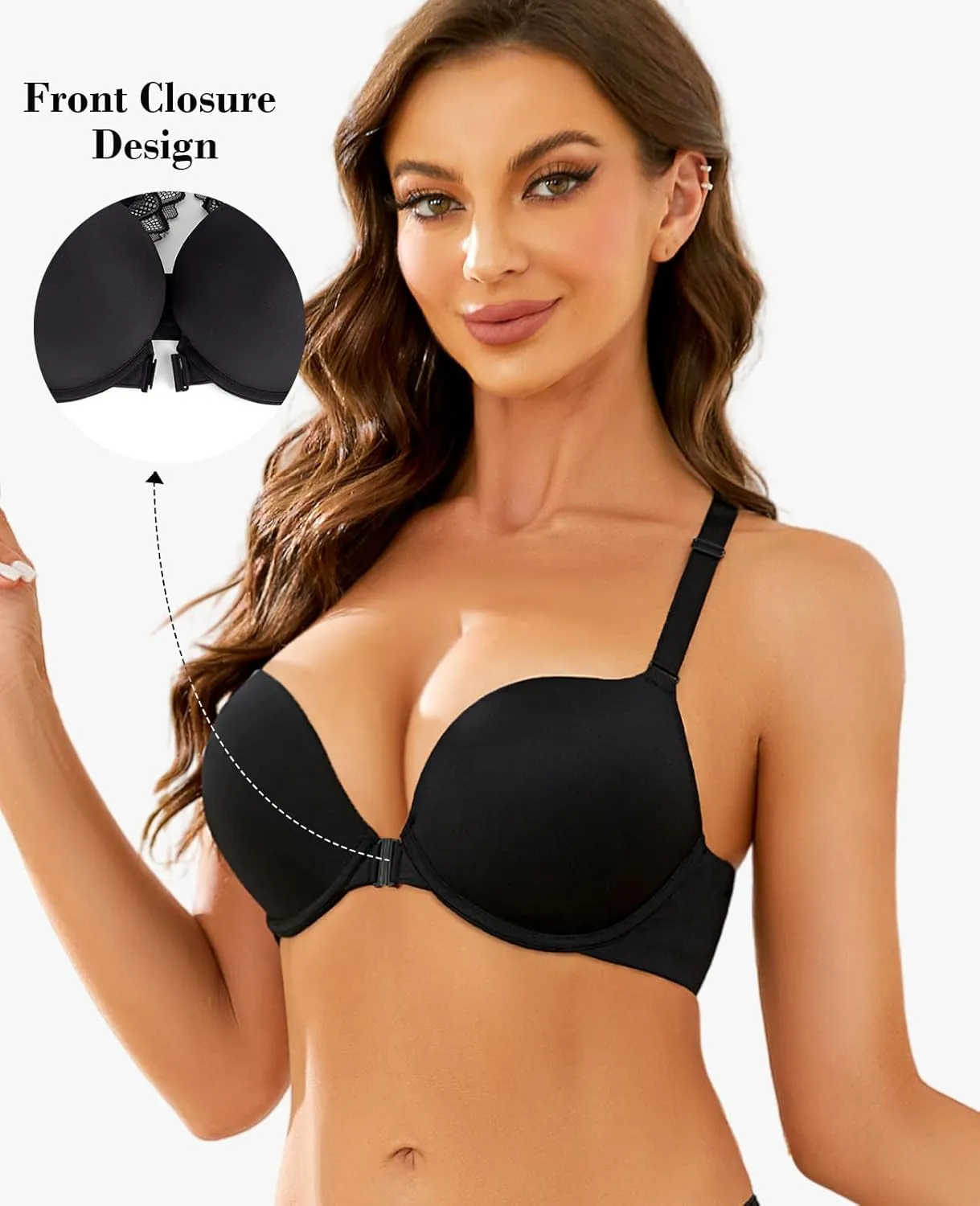 Women's Push Up Racerback Bra Front Closure Thick Padded Seamless Criss-Cross Back Underwire Bra Add Two Cup