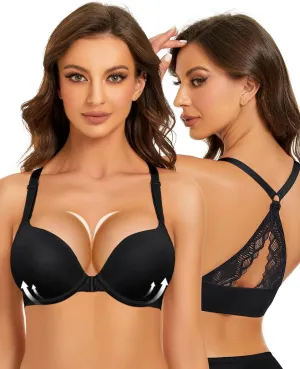 Women's Push Up Racerback Bra Front Closure Thick Padded Seamless Criss-Cross Back Underwire Bra Add Two Cup