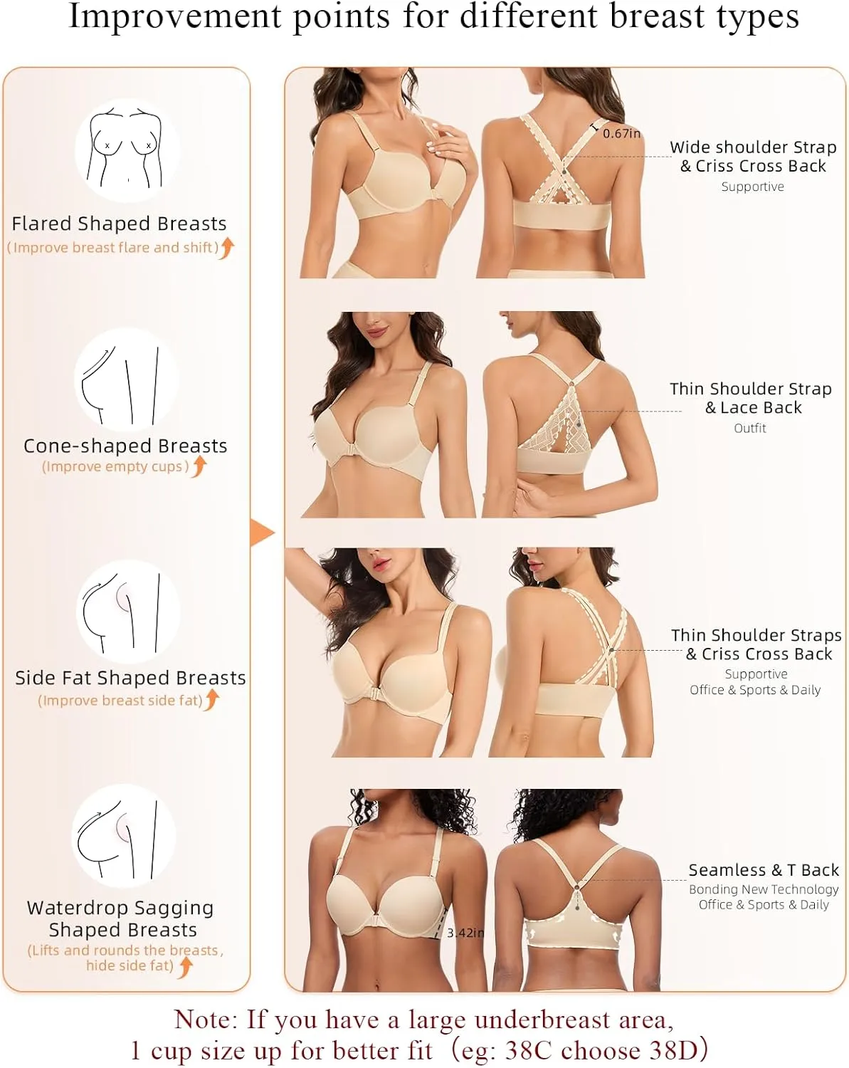 Women's Push Up Racerback Bra Front Closure Thick Padded Seamless Criss-Cross Back Underwire Bra Add Two Cup