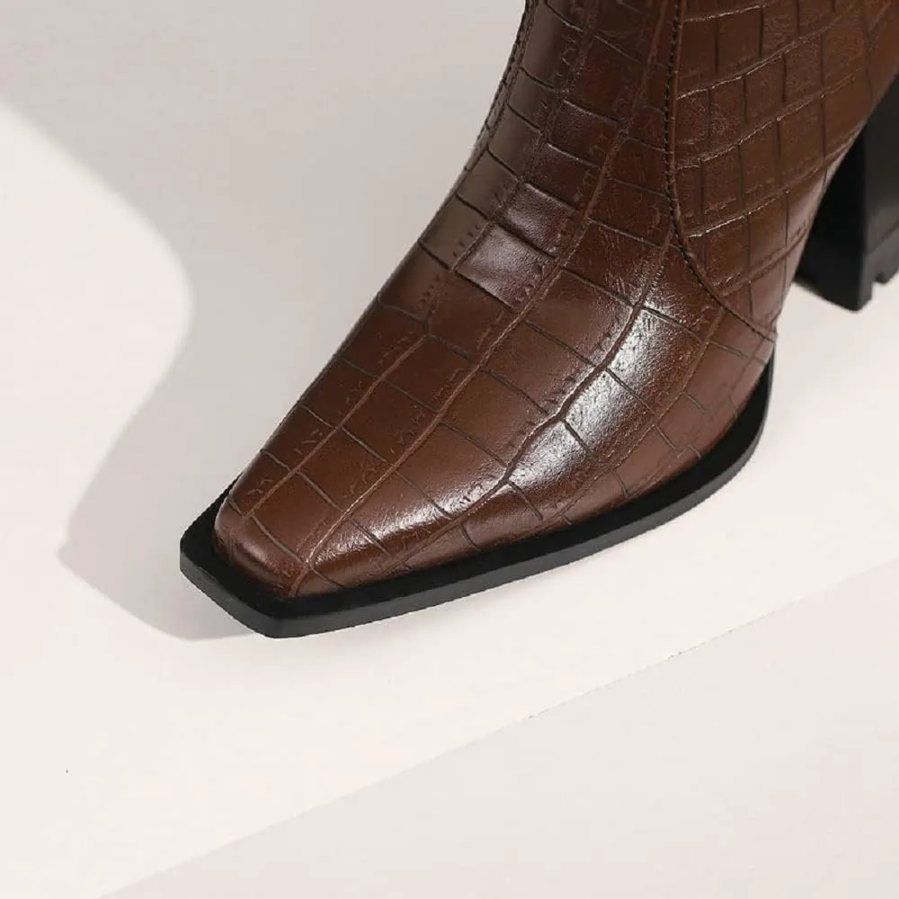Women's Snake Pattern Length Boots Tall Chunky Heel Pointed Toe Knee-High Boots Autumn And Winter Chain Belt Buckle Knight Boots