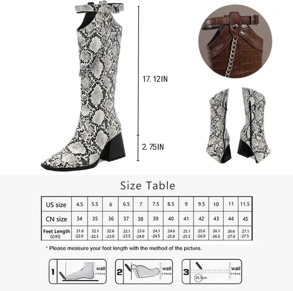 Women's Snake Pattern Length Boots Tall Chunky Heel Pointed Toe Knee-High Boots Autumn And Winter Chain Belt Buckle Knight Boots