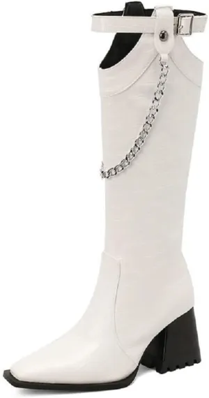Women's Snake Pattern Length Boots Tall Chunky Heel Pointed Toe Knee-High Boots Autumn And Winter Chain Belt Buckle Knight Boots