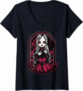 Womens Dark Gothic Chibi Style Doll Surrounded by Roses V-Neck T-Shirt