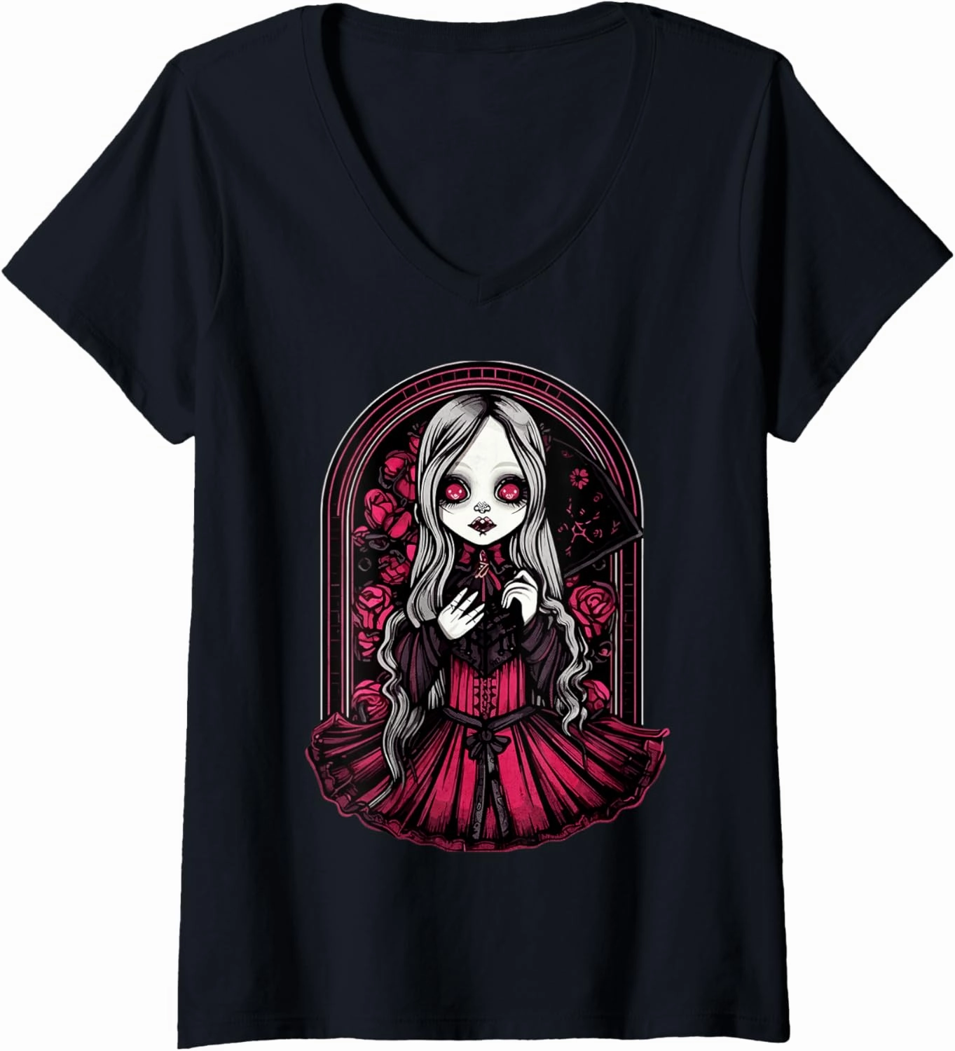 Womens Dark Gothic Chibi Style Doll Surrounded by Roses V-Neck T-Shirt