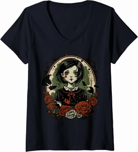 Womens Gothic Dark Zombie Doll Chibi Style Roses and Butterflies V-Neck T-Shirt