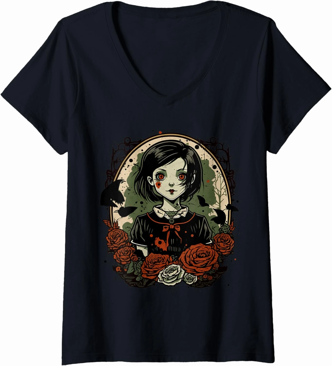 Womens Gothic Dark Zombie Doll Chibi Style Roses and Butterflies V-Neck T-Shirt