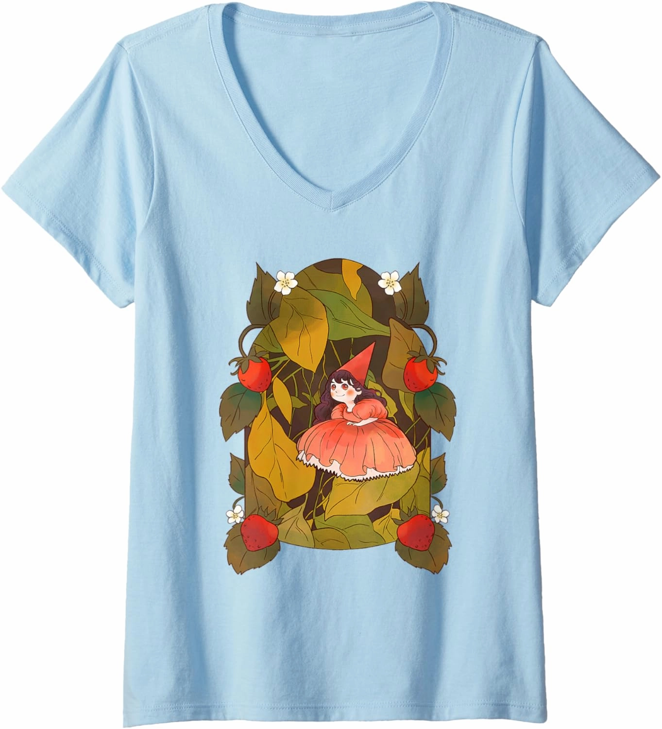 Womens Strawberry Fairy Berries Leaves Fantasy Magic V-Neck T-Shirt