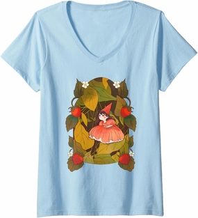 Womens Strawberry Fairy Berries Leaves Fantasy Magic V-Neck T-Shirt