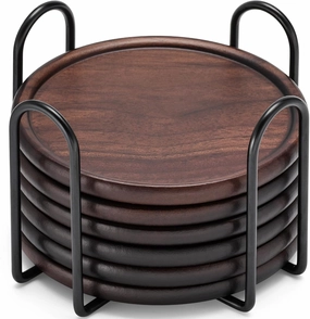 Wood Coasters with Metal Holder, GOH DODD Set of 6 Walnut Wooden Coaster Set for Drinks Desk Coffee Table Home Kitchen Office Bar, Tabletop Protection Living Room Decor, Father‘s Day Gifts, 4 Inch