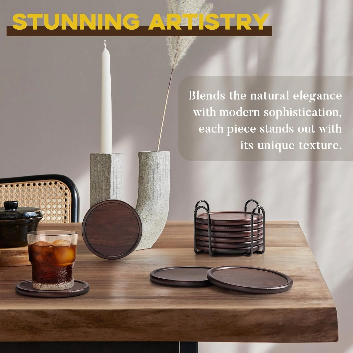 Wood Coasters with Metal Holder, GOH DODD Set of 6 Walnut Wooden Coaster Set for Drinks Desk Coffee Table Home Kitchen Office Bar, Tabletop Protection Living Room Decor, Father‘s Day Gifts, 4 Inch