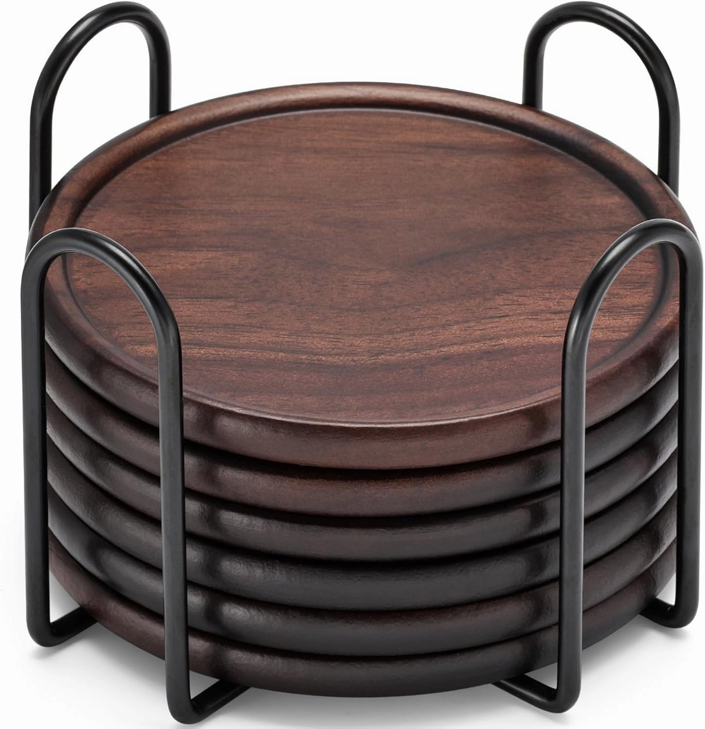 Wood Coasters with Metal Holder, GOH DODD Set of 6 Walnut Wooden Coaster Set for Drinks Desk Coffee Table Home Kitchen Office Bar, Tabletop Protection Living Room Decor, Father‘s Day Gifts, 4 Inch