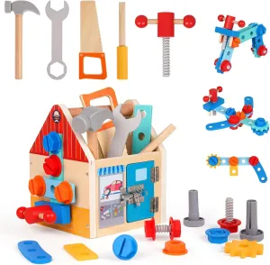 Wooden Kids Tool Set Toddler Tool Box with Door Latch Lock Wood Tool Kit Construction Toys Stem Montessori Educational Pretend Play Tool Toy Birthday Gift for Toddlers Boys Girls