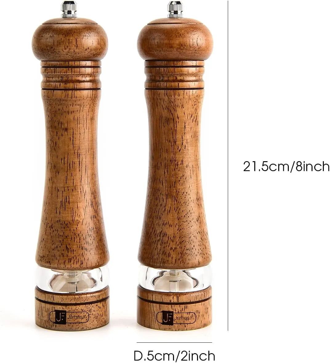 Wooden Salt and Pepper Grinder Set, 8 inch Rubber Wood Salt and Pepper Mills Set of 2 with Acrylic Visible Window & Adjustable Ceramic Rotor