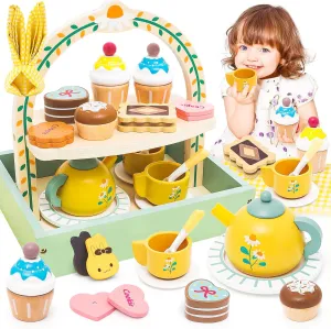Wooden Tea Party Set for Little Girls Toddler Tea Set Toys with Cupcake Stand & Play Food Kitchen Accessories, Wooden Pretend Play Toys for Toddlers Christmas Birthday Gift for 3 4 5 6 Years Old Girl