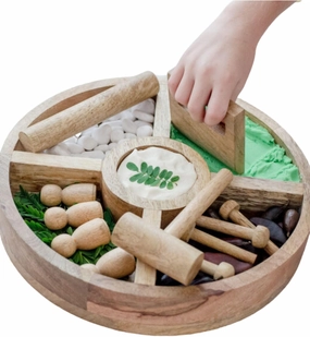 Wooden Tinker Tray & Pounding Set – Montessori Sensory Play Tray with Peg Dolls, Wooden Nails, Hammer & Playdough Tools for Fine Motor & Imaginative Play
