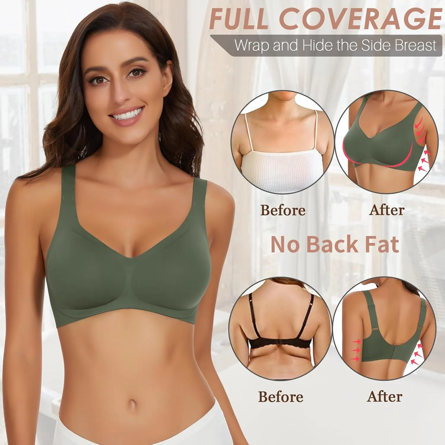 WOWENY Wireless Push Up Bras for Women Comfortable Seamless Bralettes Adjustable V Padded Everyday Bra with Support