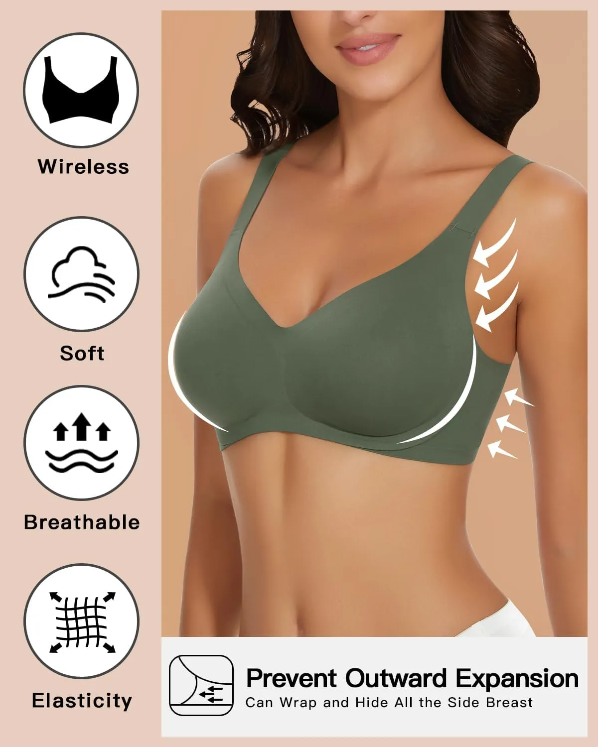 WOWENY Wireless Push Up Bras for Women Comfortable Seamless Bralettes Adjustable V Padded Everyday Bra with Support
