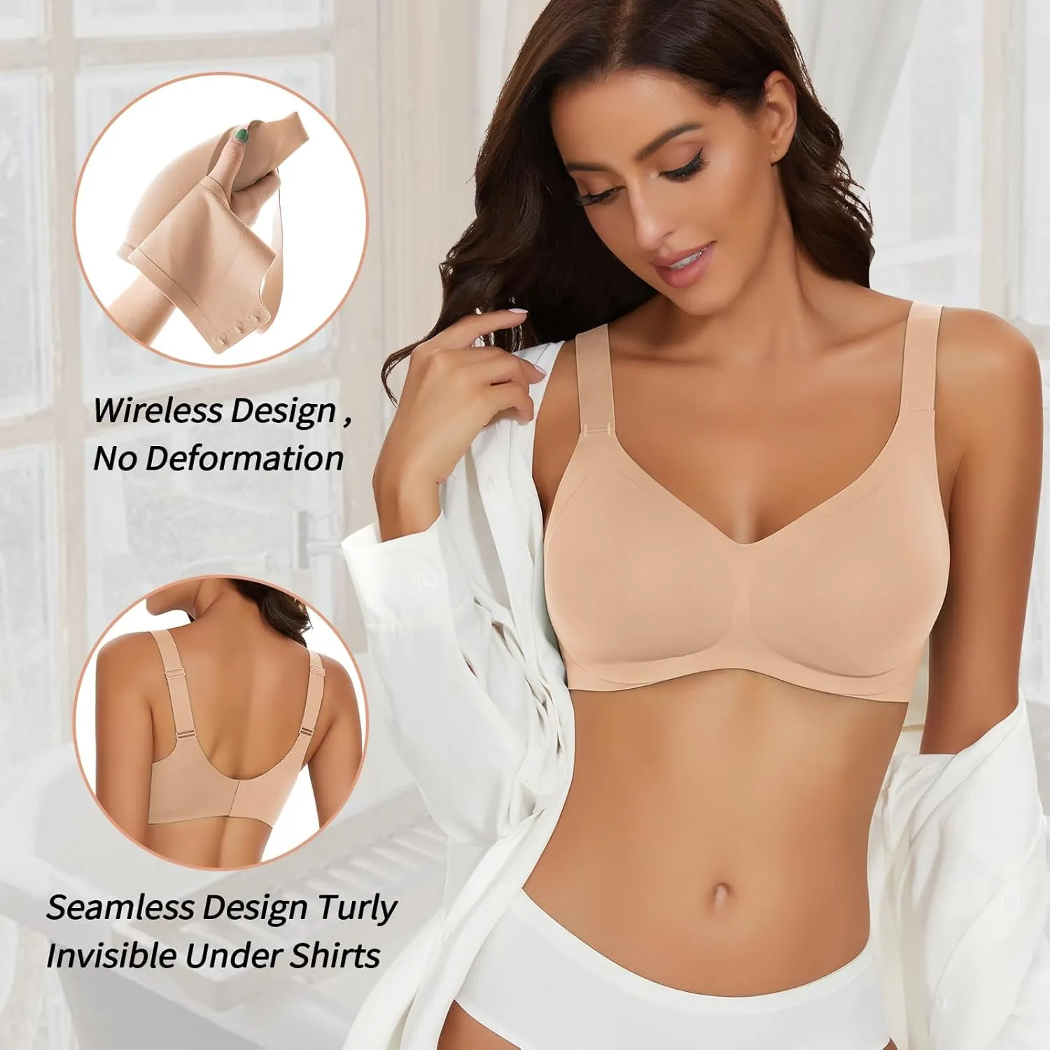 WOWENY Wireless Push Up Bras for Women Comfortable Seamless Bralettes Adjustable V Padded Everyday Bra with Support