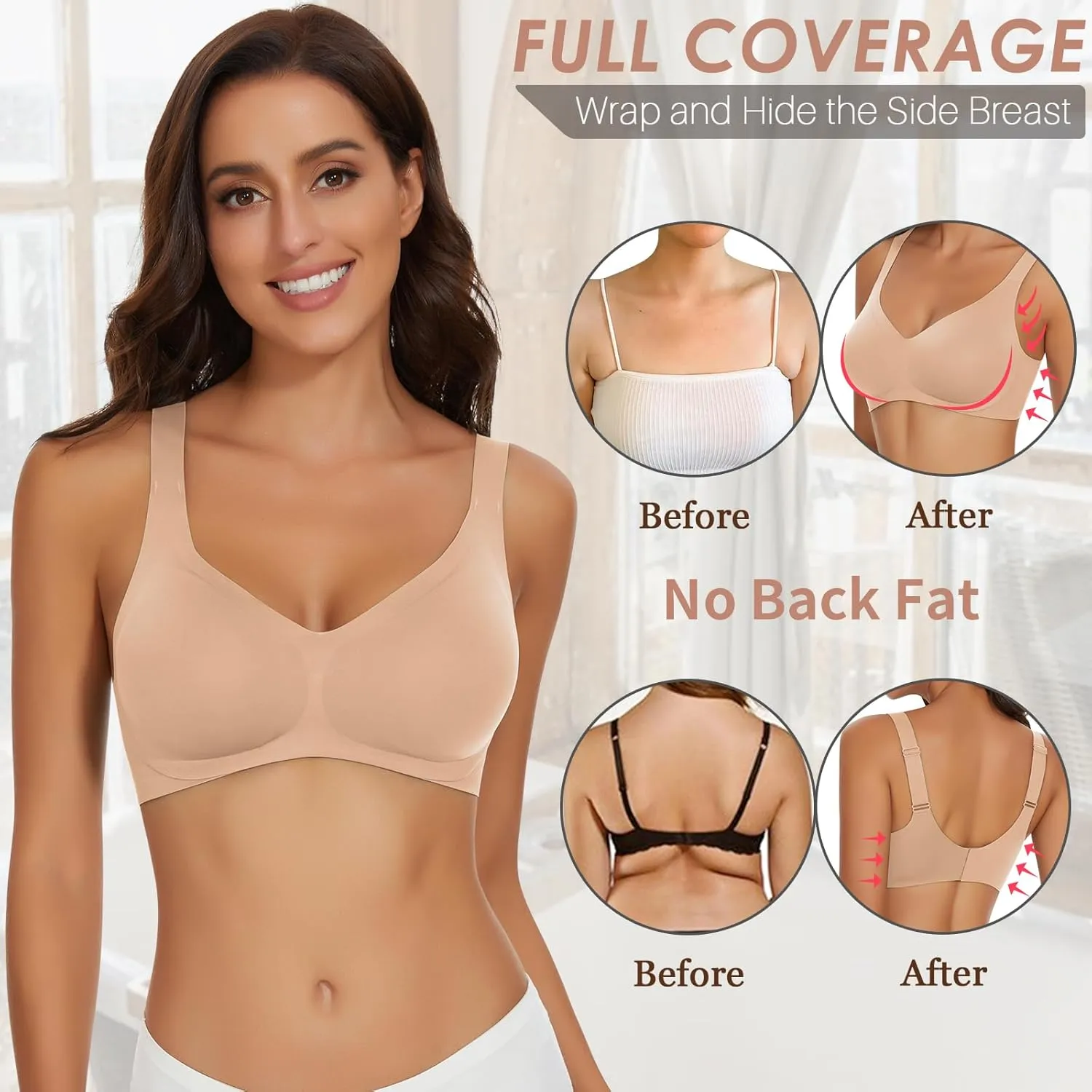 WOWENY Wireless Push Up Bras for Women Comfortable Seamless Bralettes Adjustable V Padded Everyday Bra with Support