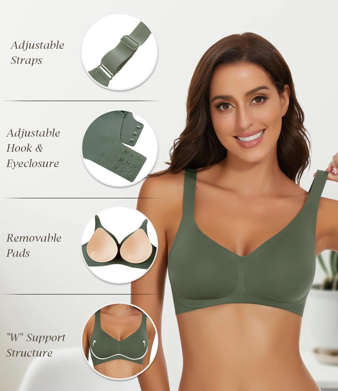 WOWENY Wireless Push Up Bras for Women Comfortable Seamless Bralettes Adjustable V Padded Everyday Bra with Support