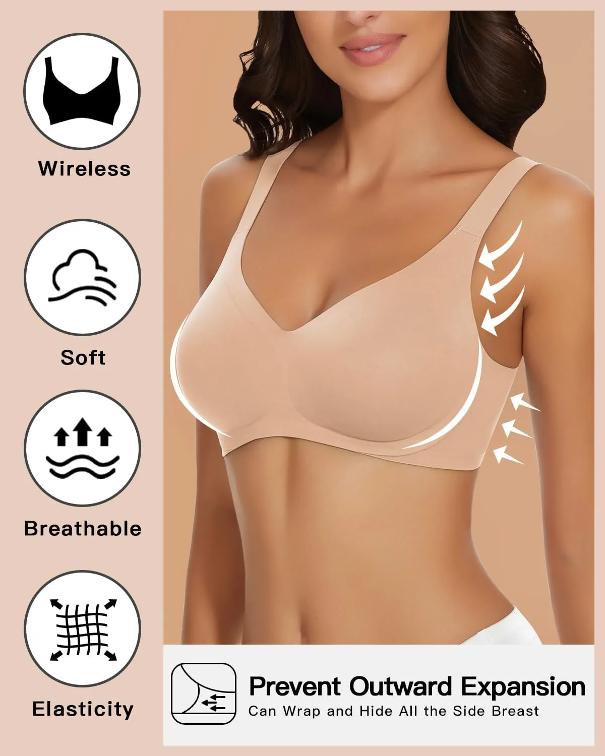 WOWENY Wireless Push Up Bras for Women Comfortable Seamless Bralettes Adjustable V Padded Everyday Bra with Support