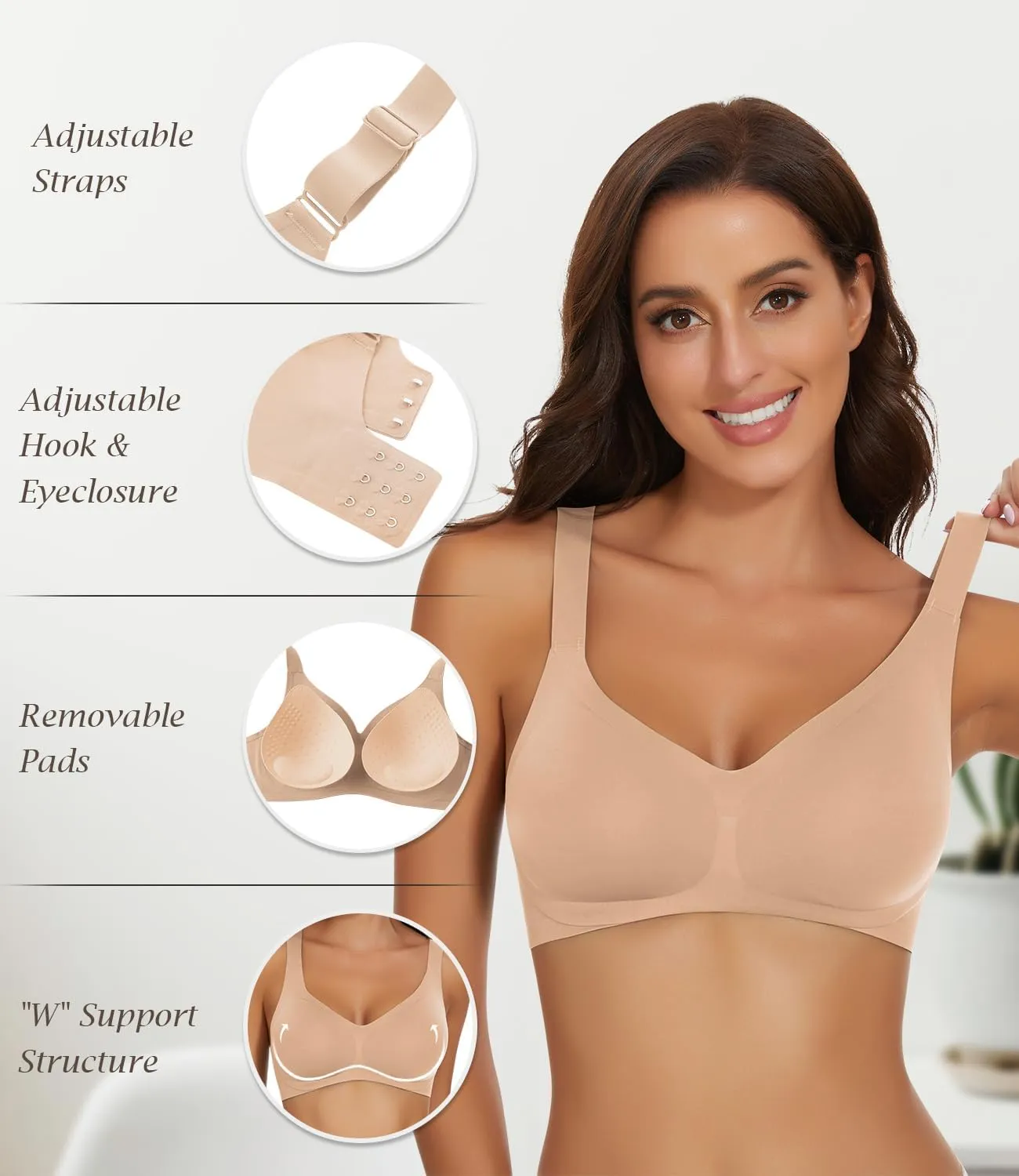 WOWENY Wireless Push Up Bras for Women Comfortable Seamless Bralettes Adjustable V Padded Everyday Bra with Support