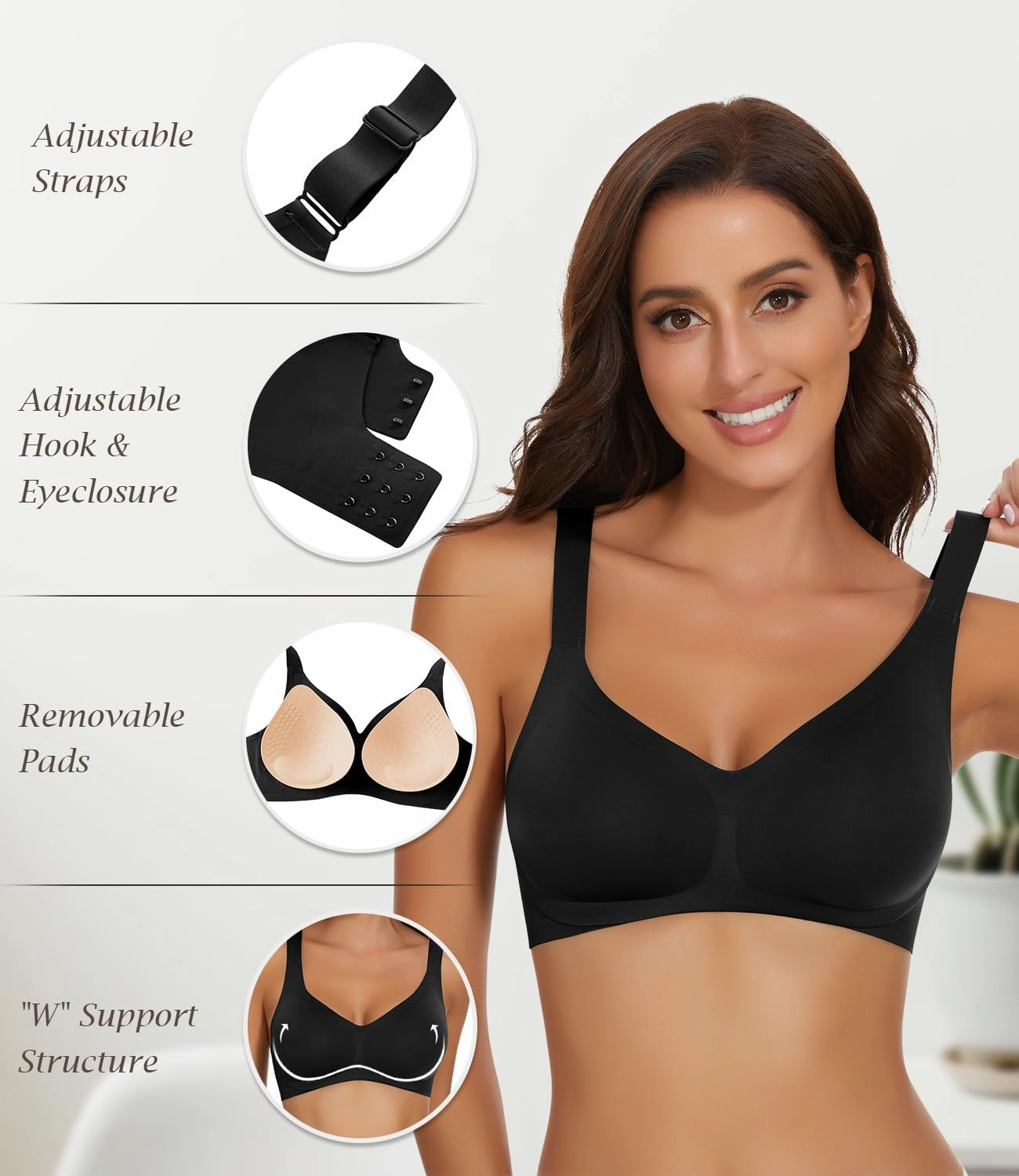 WOWENY Wireless Push Up Bras for Women Comfortable Seamless Bralettes Adjustable V Padded Everyday Bra with Support