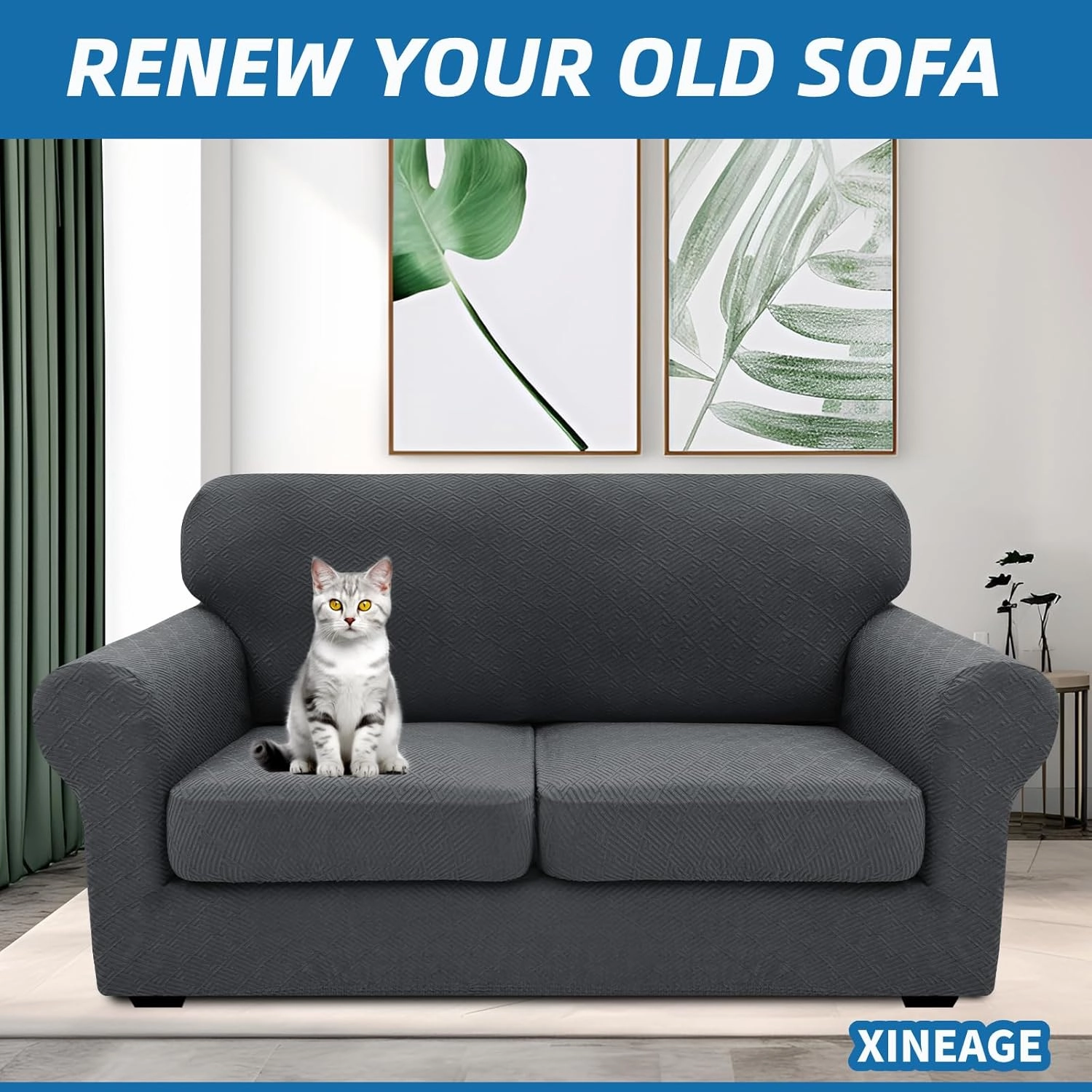 XINEAGE 2025 New 3 Pieces Couch Covers for 2 Cushion Sofa Super Stretch Loveseat Slipcover Pet Dog Universal Slip Cover Anti Slip Love Seat Furniture Protector (Dark Gray, 55"-69")