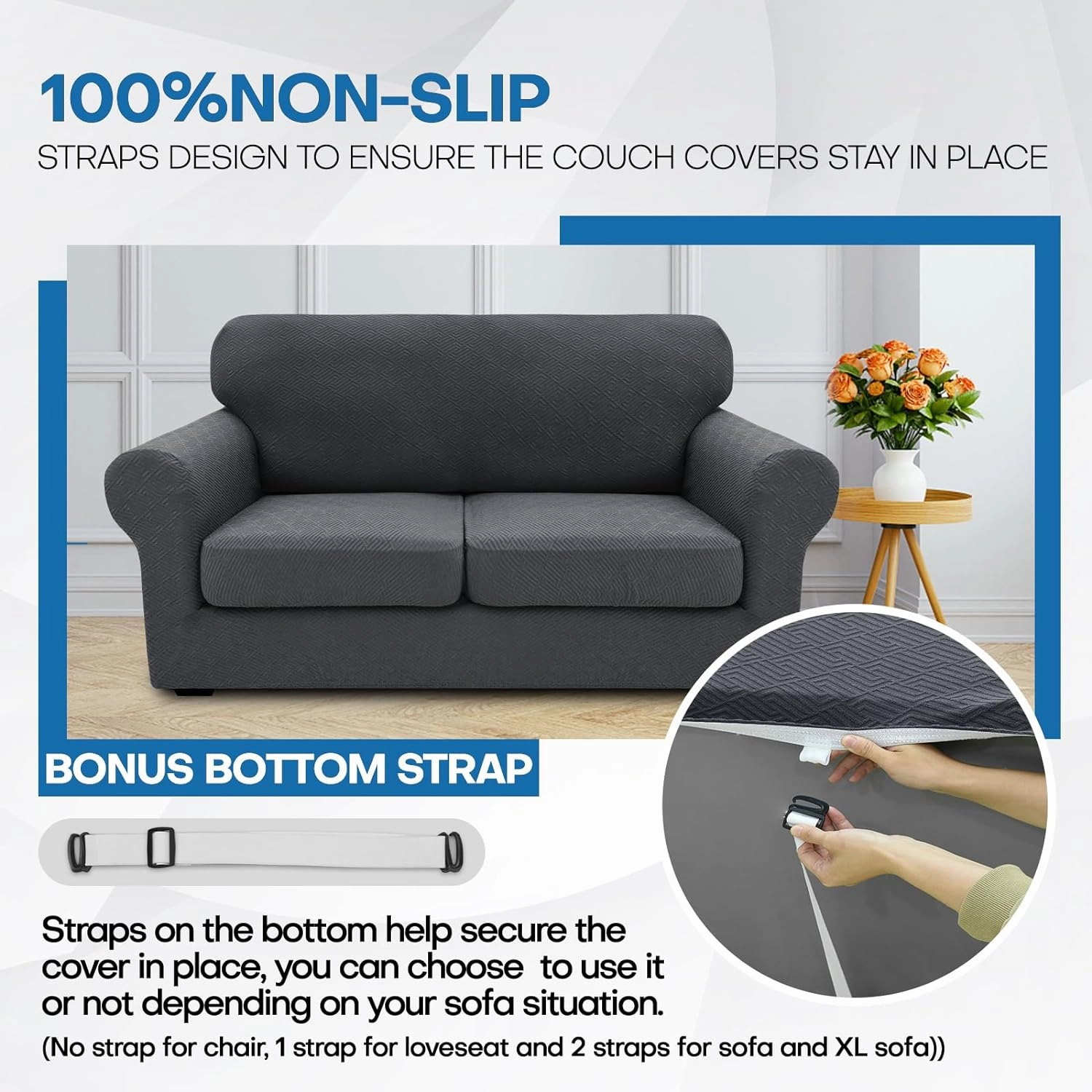 XINEAGE 2025 New 3 Pieces Couch Covers for 2 Cushion Sofa Super Stretch Loveseat Slipcover Pet Dog Universal Slip Cover Anti Slip Love Seat Furniture Protector (Dark Gray, 55"-69")