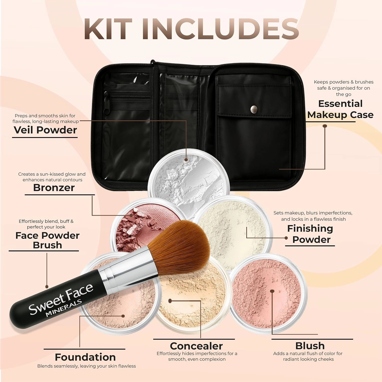 XXL KIT BRUSH & CASE (LIGHT) Full Size Mineral Makeup Set Bare Face Matte Powder Foundation Cover