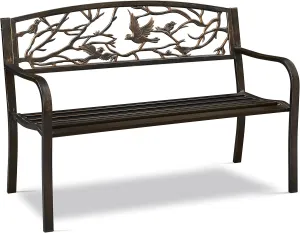 Yaheetech Outdoor Garden Bench Patio Furniture Chair Outdoor with Vintage Bird Pattern Backrest, Slatted Seat, Antique Metal Bench for Yard & Porch & Park, Bronze