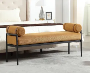 Yellow Modern End of Bed Bench Upholstered Entryway Bench with Detachable Cylindrical Pillows/Metal Legs Chenille Fabric Ottoman Bench for Living Room/Bedroom/Hallway/Corner, 55Inch