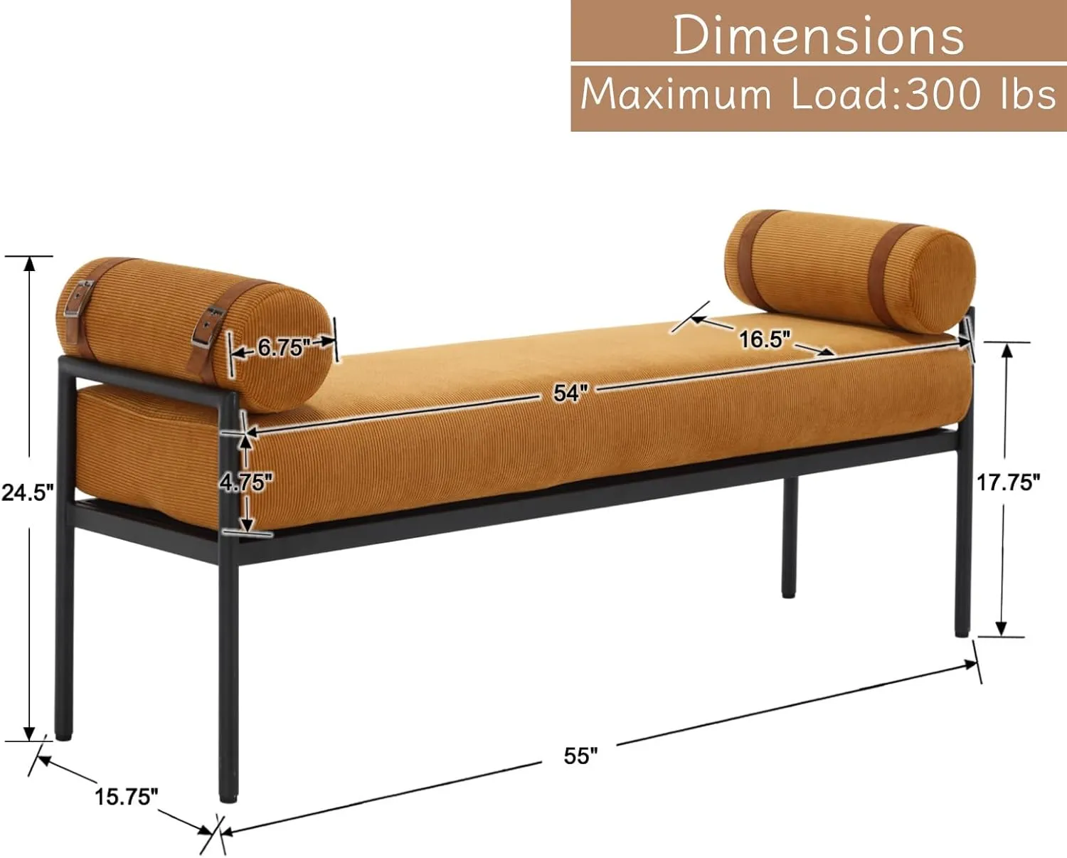 Yellow Modern End of Bed Bench Upholstered Entryway Bench with Detachable Cylindrical Pillows/Metal Legs Chenille Fabric Ottoman Bench for Living Room/Bedroom/Hallway/Corner, 55Inch