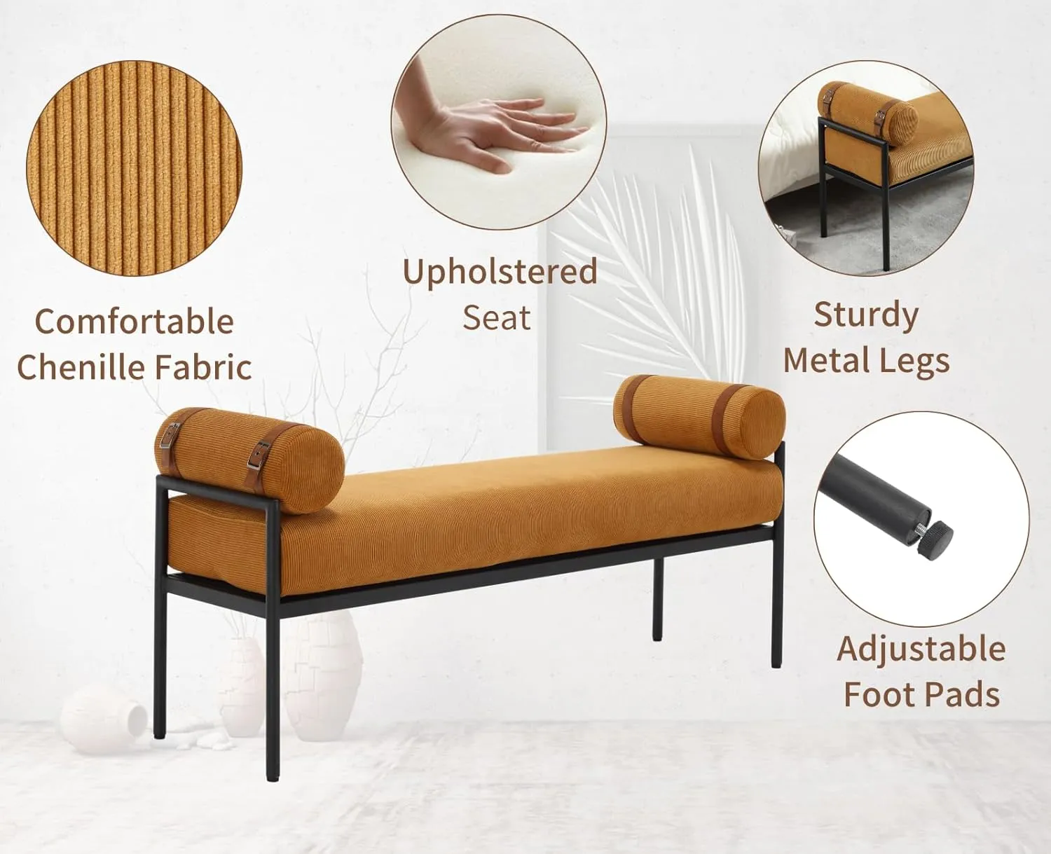 Yellow Modern End of Bed Bench Upholstered Entryway Bench with Detachable Cylindrical Pillows/Metal Legs Chenille Fabric Ottoman Bench for Living Room/Bedroom/Hallway/Corner, 55Inch