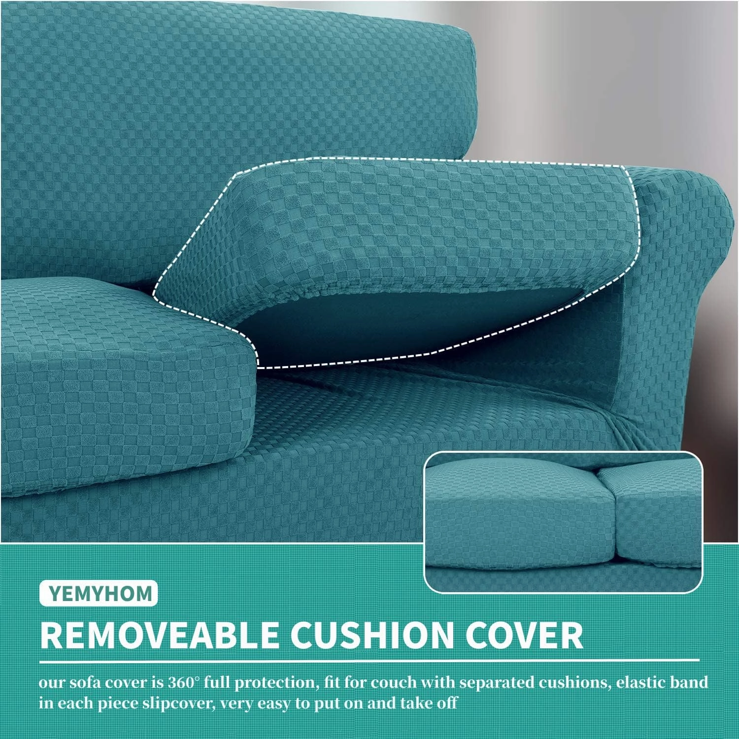 YEMYHOM Latest Checkered 3 Pieces Couch Covers for Couch High Stretch Sofa Cover with 2 Extra Large Seat Cushion Covers Anti Slip Elastic Slipcovers (XL Loveseat, Peacock Blue), 71" - 91" (2 CUSHIONS)