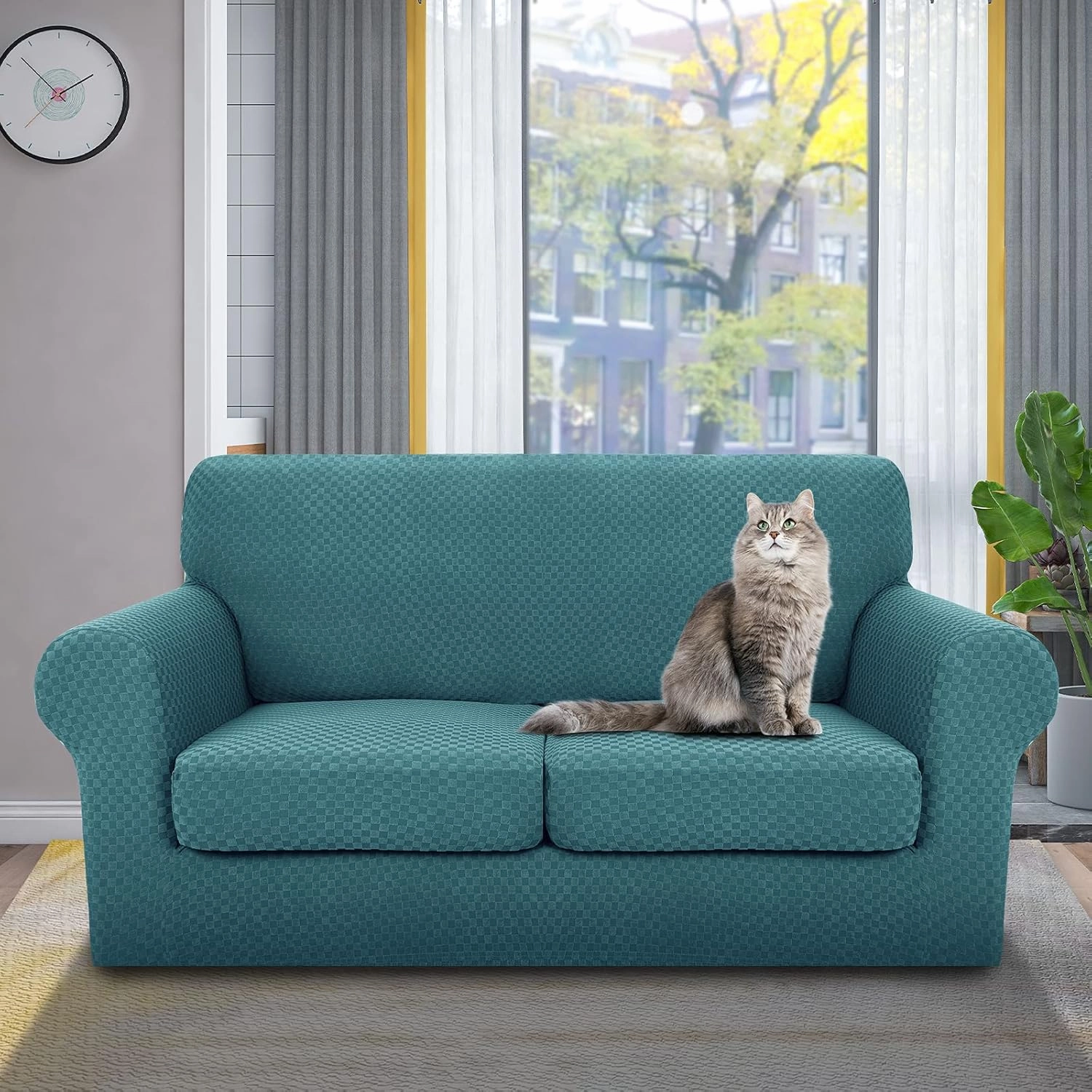 YEMYHOM Latest Checkered 3 Pieces Couch Covers for Couch High Stretch Sofa Cover with 2 Extra Large Seat Cushion Covers Anti Slip Elastic Slipcovers (XL Loveseat, Peacock Blue), 71" - 91" (2 CUSHIONS)