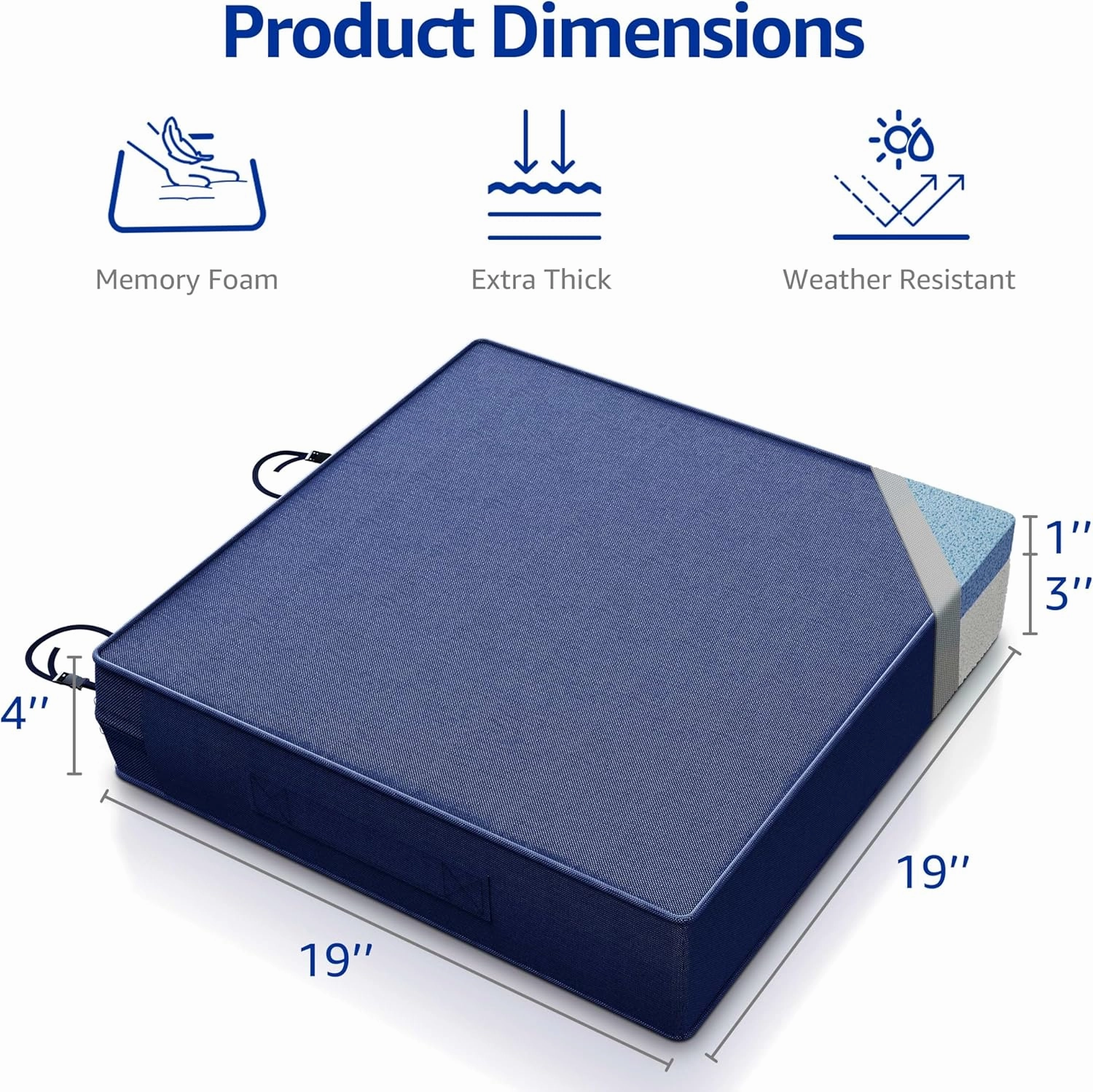 YENING 19x19 Memory Foam Outdoor Chair Cushions Waterproof 4 Inch Extra Thick Patio Seat Pads for Furniture Navy Blue Set of 2