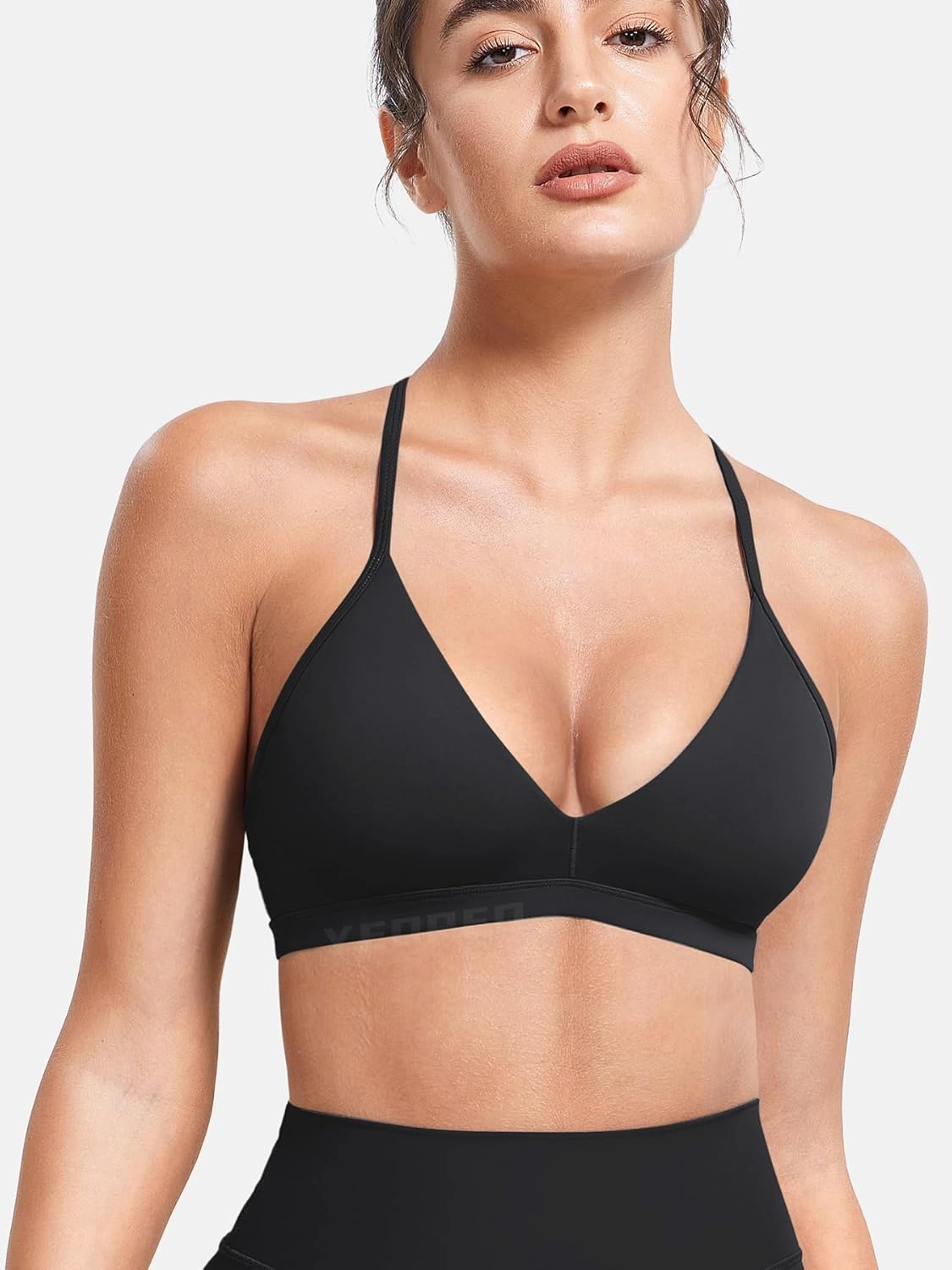 YEOREO Sports Bras for Women Strappy Padded Halter Ericie Open Back Light Impact Deep V Neck Yoga Workout Gym Tops