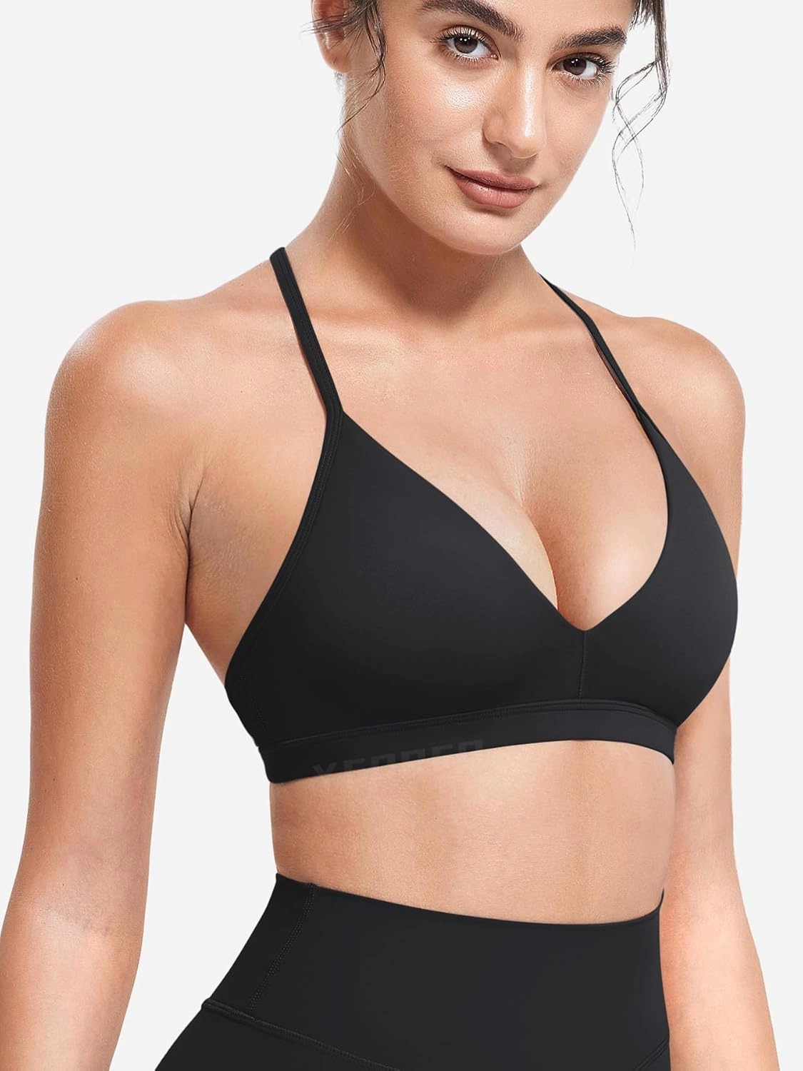 YEOREO Sports Bras for Women Strappy Padded Halter Ericie Open Back Light Impact Deep V Neck Yoga Workout Gym Tops