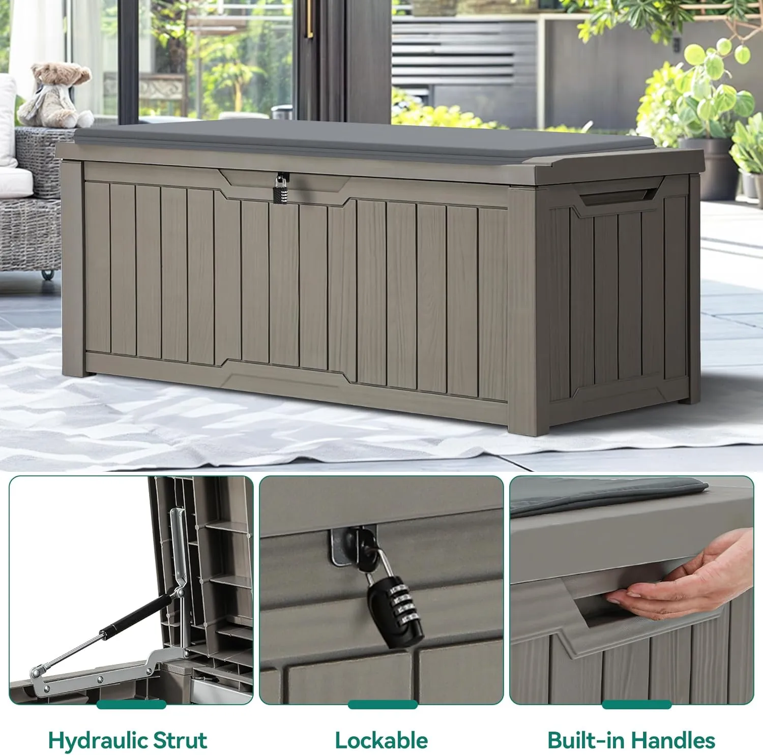 YITAHOME Outdoor Storage Box with Cushion, 120 Gallon Waterproof Deck Box for Garden Tools, Patio Cushions, and Pool Accessories, Lockable, Easy Assembly, Versatile Bench or Table (Light Brown)
