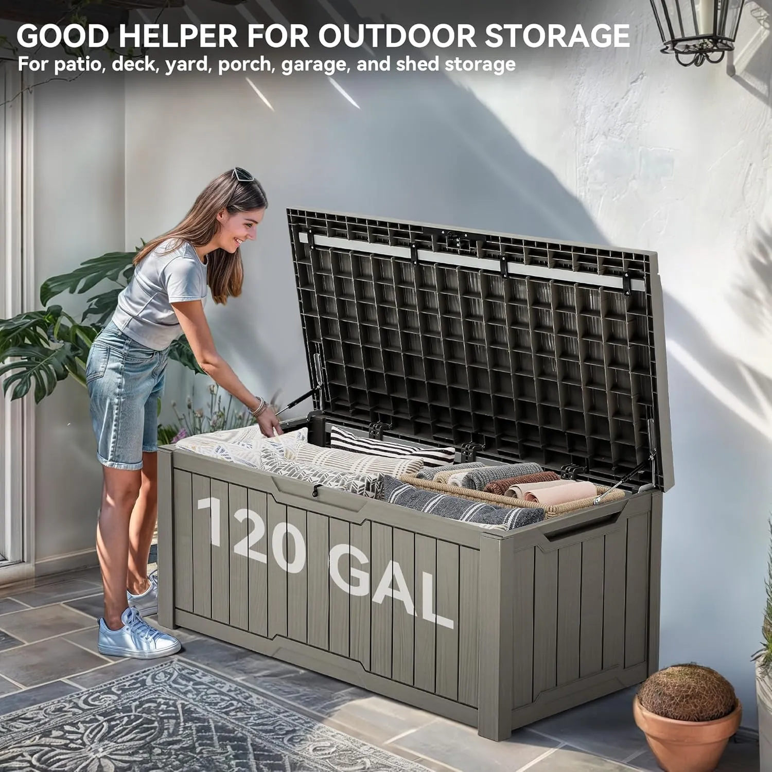 YITAHOME Outdoor Storage Box with Cushion, 120 Gallon Waterproof Deck Box for Garden Tools, Patio Cushions, and Pool Accessories, Lockable, Easy Assembly, Versatile Bench or Table (Light Brown)