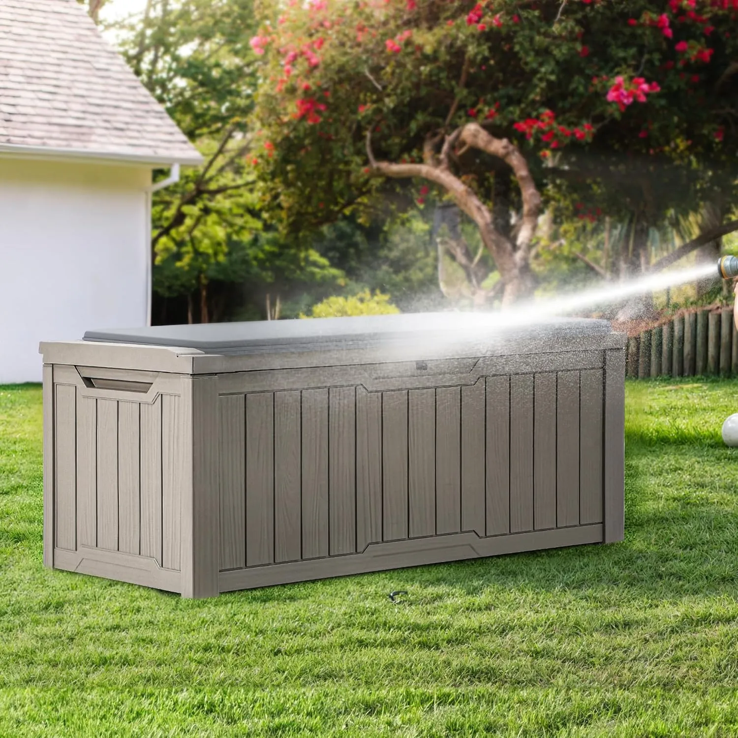 YITAHOME Outdoor Storage Box with Cushion, 120 Gallon Waterproof Deck Box for Garden Tools, Patio Cushions, and Pool Accessories, Lockable, Easy Assembly, Versatile Bench or Table (Light Brown)