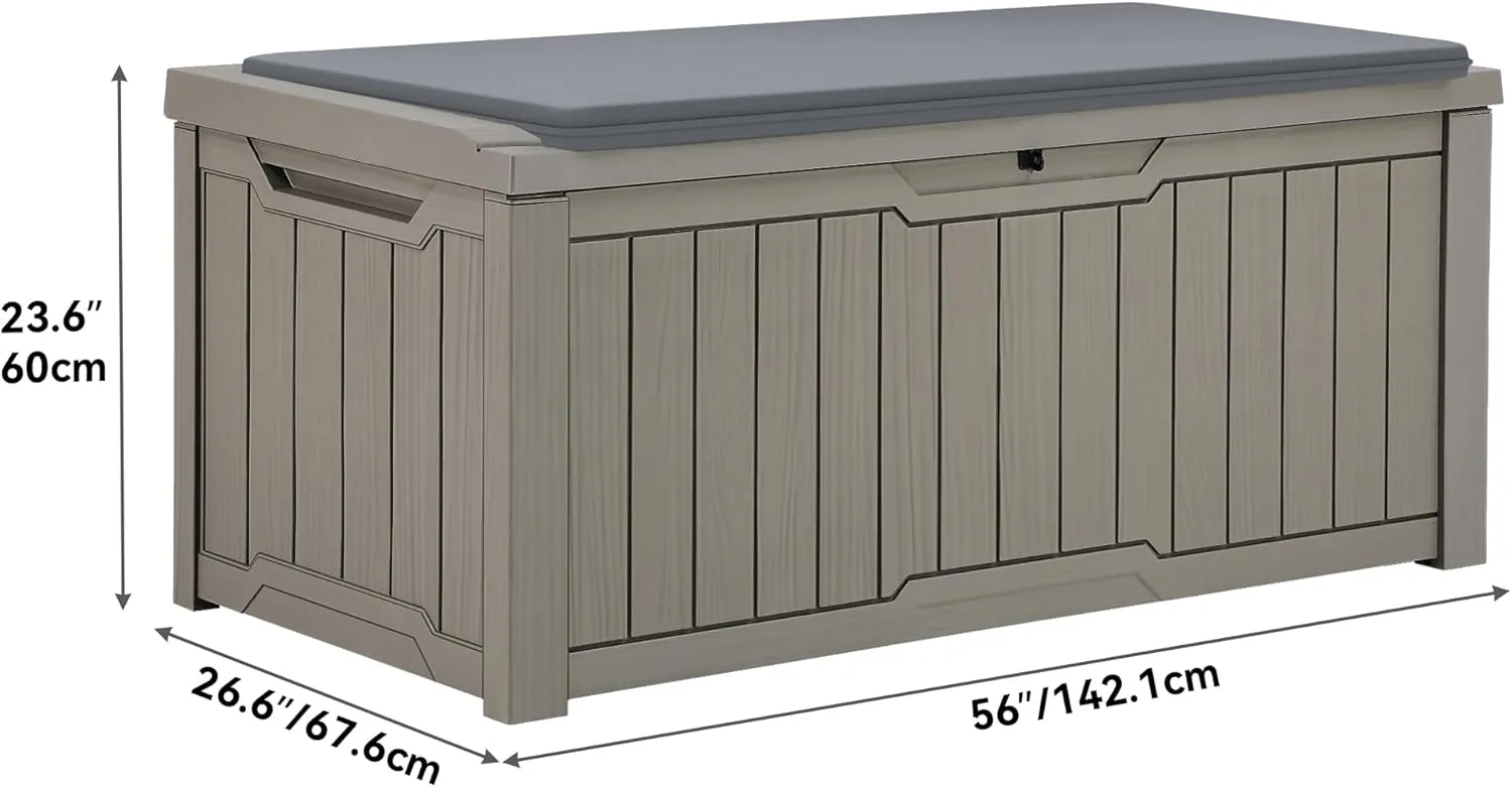 YITAHOME Outdoor Storage Box with Cushion, 120 Gallon Waterproof Deck Box for Garden Tools, Patio Cushions, and Pool Accessories, Lockable, Easy Assembly, Versatile Bench or Table (Light Brown)