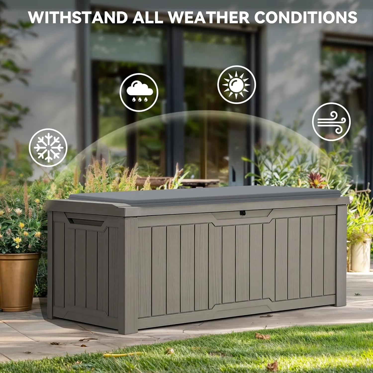 YITAHOME Outdoor Storage Box with Cushion, 120 Gallon Waterproof Deck Box for Garden Tools, Patio Cushions, and Pool Accessories, Lockable, Easy Assembly, Versatile Bench or Table (Light Brown)