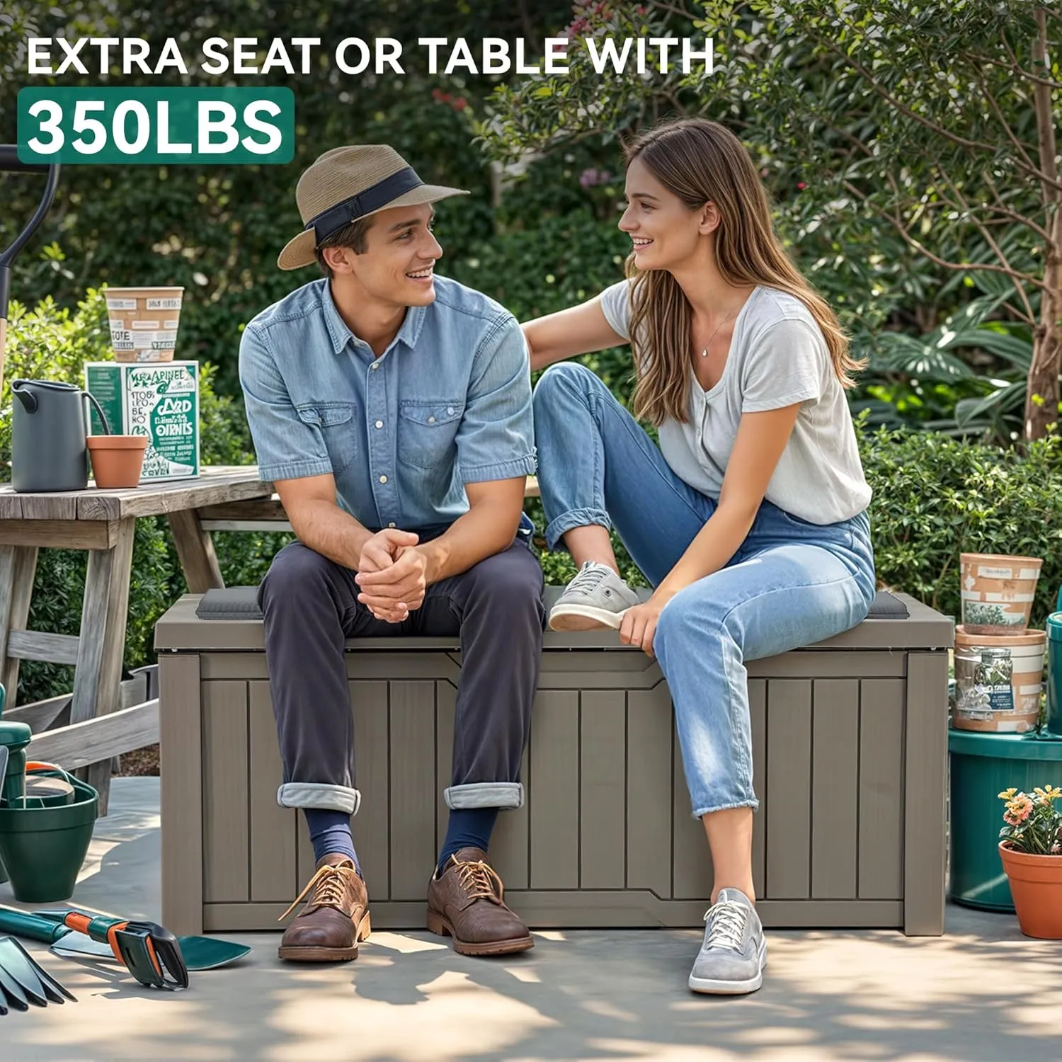 YITAHOME Outdoor Storage Box with Cushion, 120 Gallon Waterproof Deck Box for Garden Tools, Patio Cushions, and Pool Accessories, Lockable, Easy Assembly, Versatile Bench or Table (Light Brown)