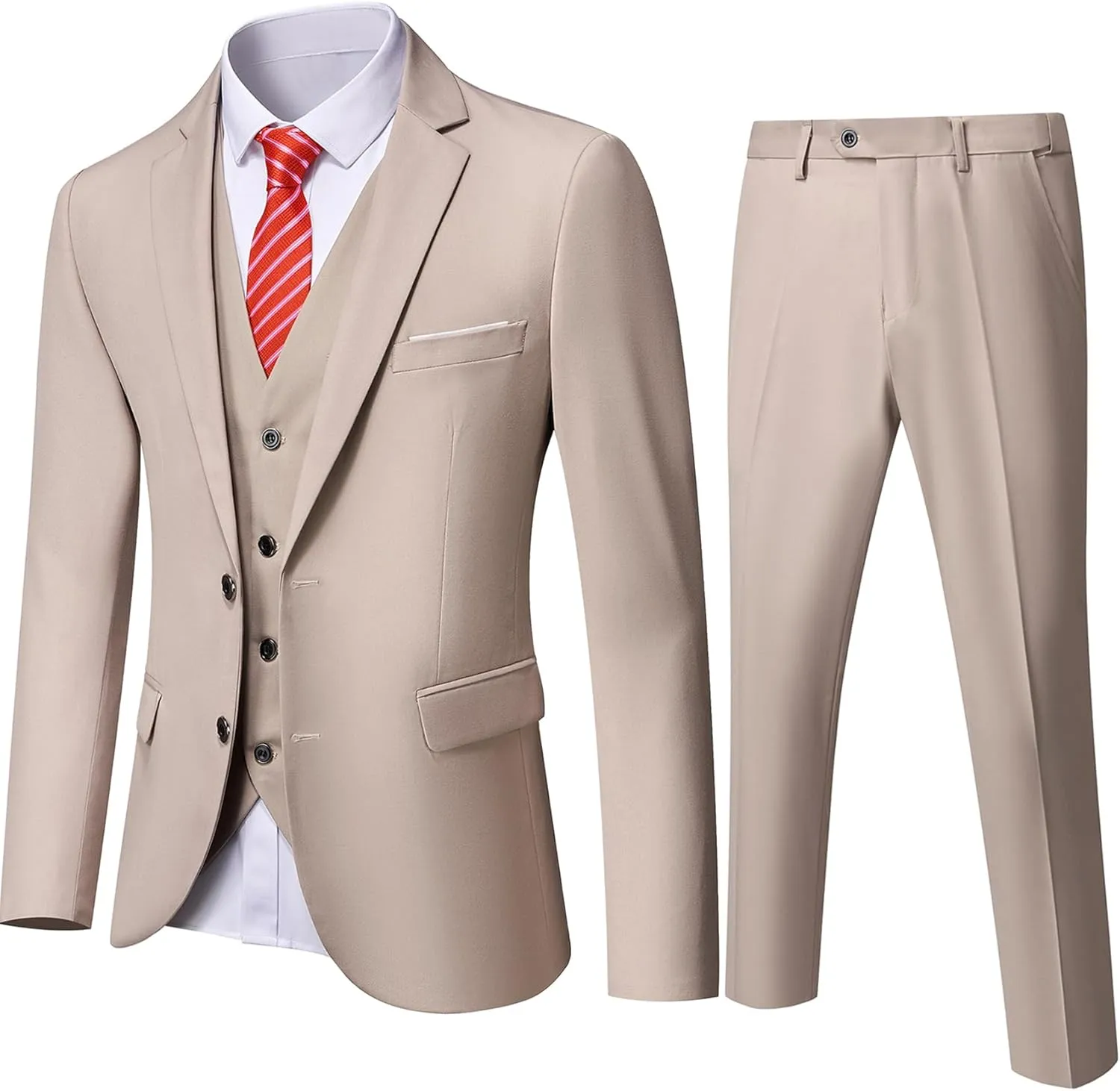 YND Men's Slim Fit 2 Button 3 Piece Suit Set, Solid Blazer Jacket Vest Pants & Tie