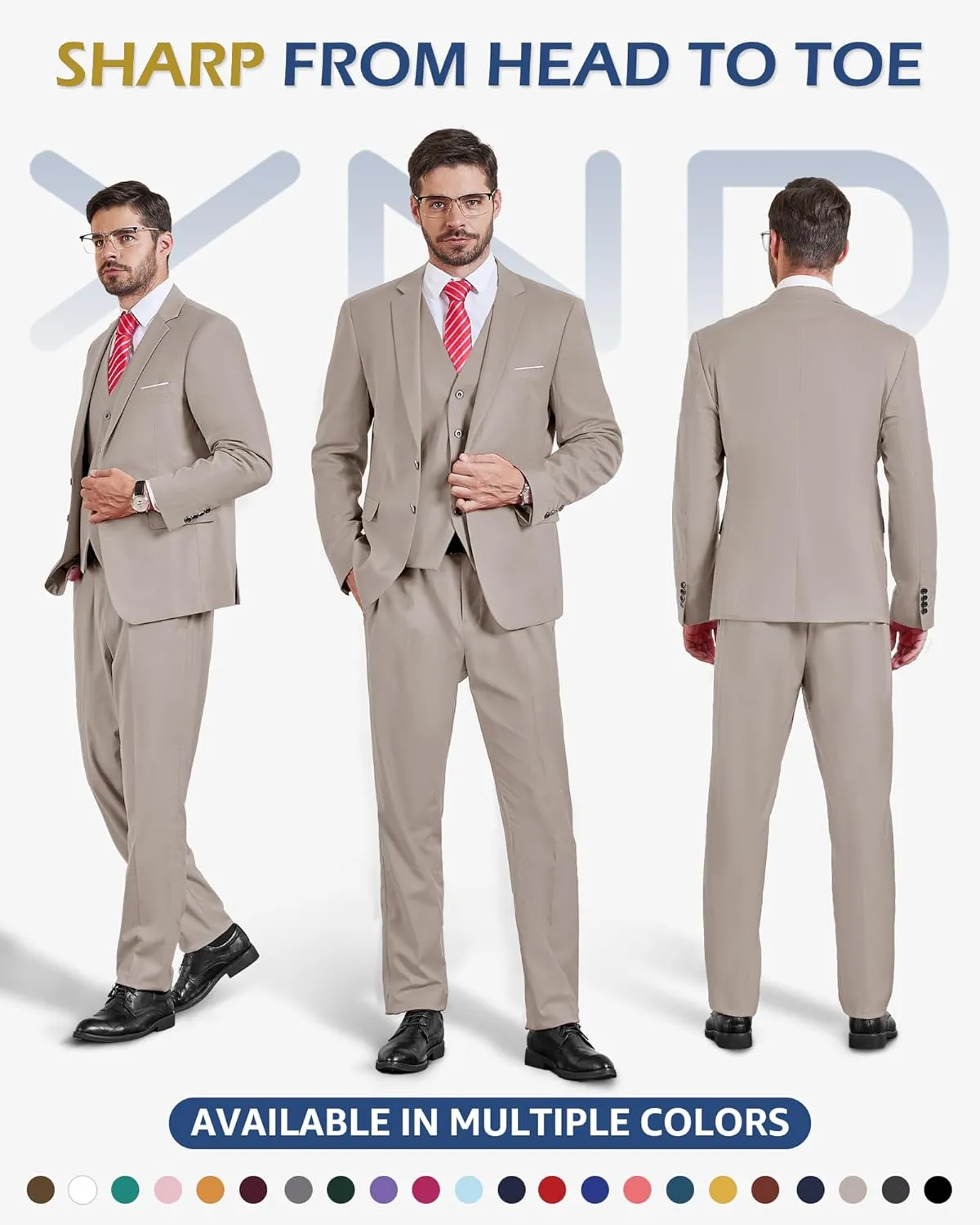 YND Men's Slim Fit 2 Button 3 Piece Suit Set, Solid Blazer Jacket Vest Pants & Tie