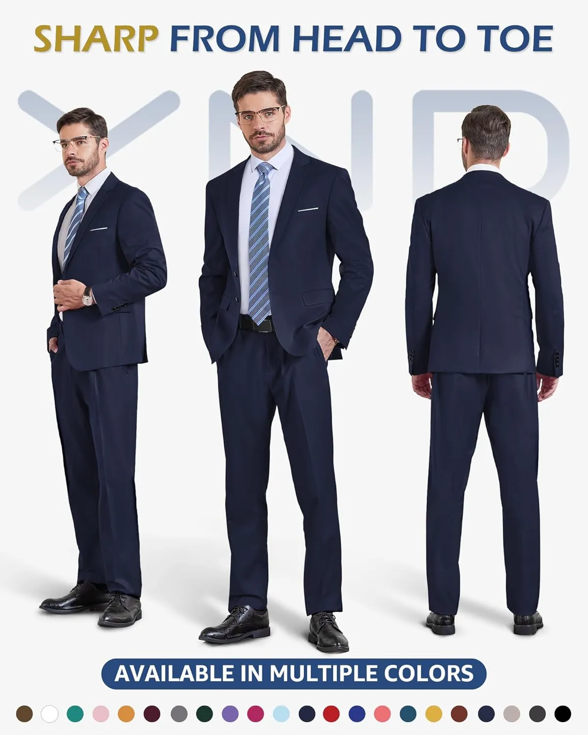 YND Men's Slim Fit 2 Piece Suit, 2 Button Notch Lapel Solid Jacket Pants Set with Tie, Party Wedding Dress Blazer Tux
